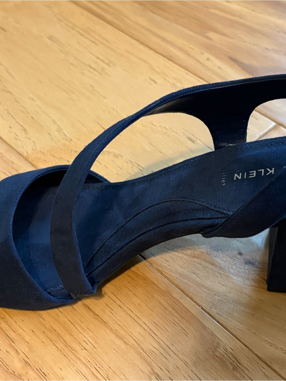 Anne Klein Navy Blue Suede Crisscross Block Heel Sandals - Picture 2 of 3